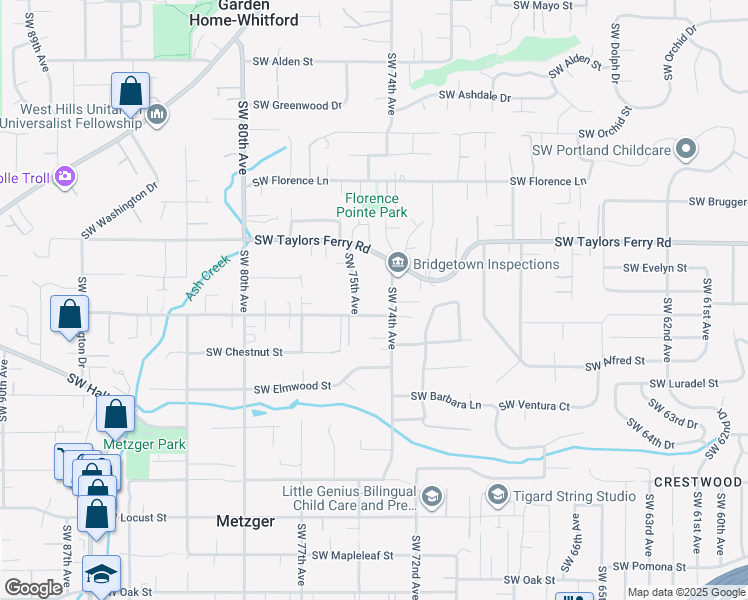 map of restaurants, bars, coffee shops, grocery stores, and more near 9245 Southwest 74th Avenue in Tigard