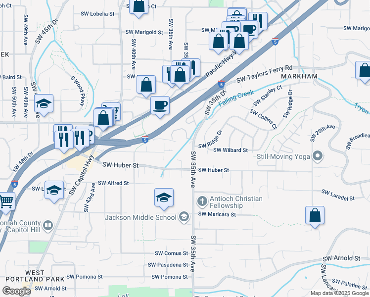 map of restaurants, bars, coffee shops, grocery stores, and more near 9939 Southwest 35th Drive in Portland
