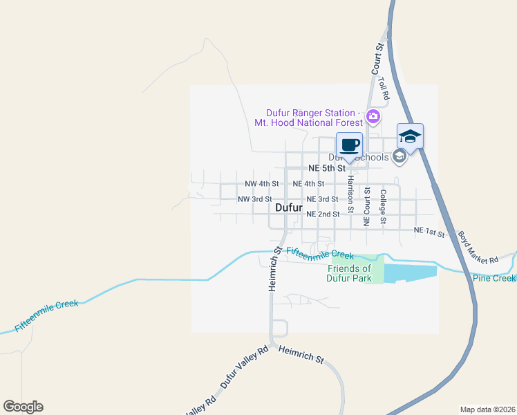map of restaurants, bars, coffee shops, grocery stores, and more near 264 Johnston Street in Dufur