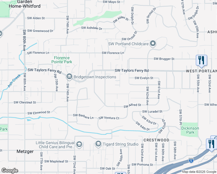 map of restaurants, bars, coffee shops, grocery stores, and more near 9230 Southwest 69th Avenue in Portland