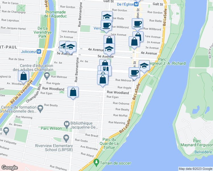 map of restaurants, bars, coffee shops, grocery stores, and more near 5356 Rue de Verdun in Montréal