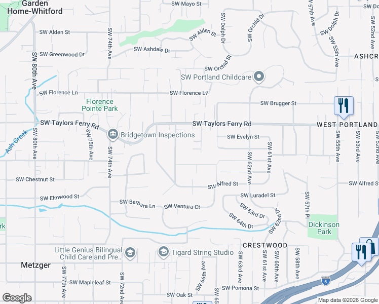 map of restaurants, bars, coffee shops, grocery stores, and more near 9230 Southwest 69th Avenue in Portland