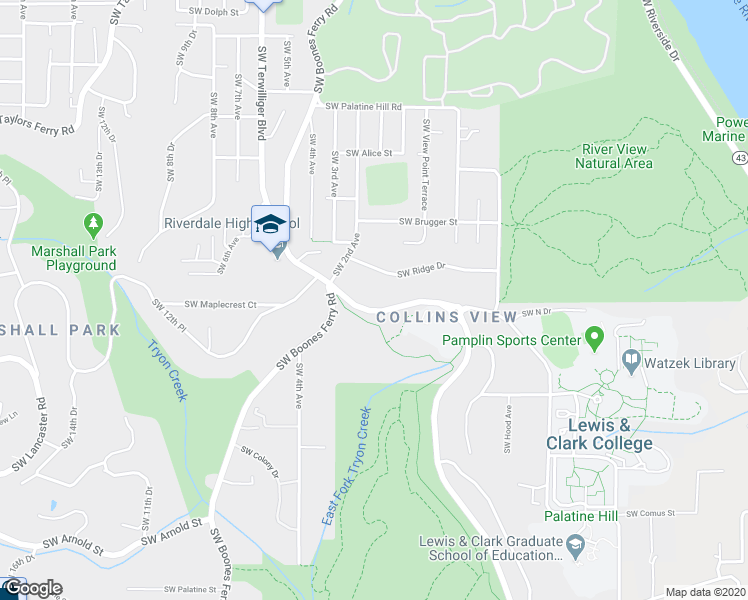 map of restaurants, bars, coffee shops, grocery stores, and more near 9951-11325 Southwest Terwilliger Boulevard in Portland