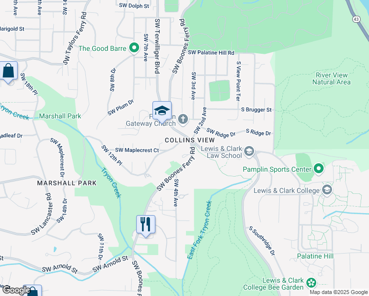 map of restaurants, bars, coffee shops, grocery stores, and more near 10015 Southwest Boones Ferry Road in Portland