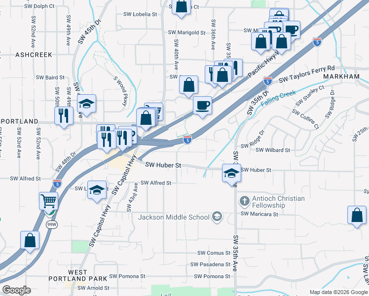 map of restaurants, bars, coffee shops, grocery stores, and more near 10015 Southwest 40th Avenue in Portland