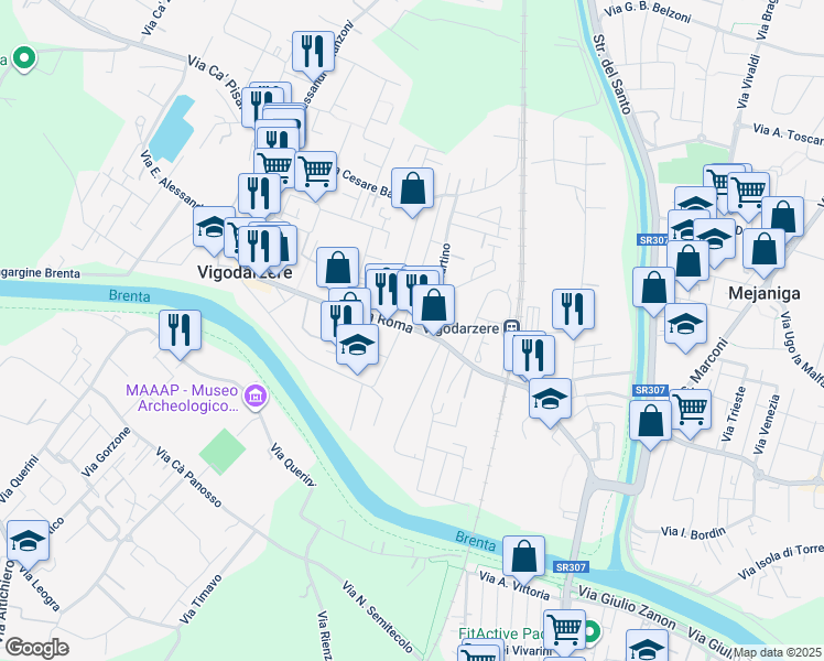 map of restaurants, bars, coffee shops, grocery stores, and more near 57 Via Roma in Vigodarzere