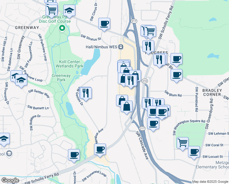 map of restaurants, bars, coffee shops, grocery stores, and more near 9210-9282 Southwest Nimbus Avenue in Beaverton
