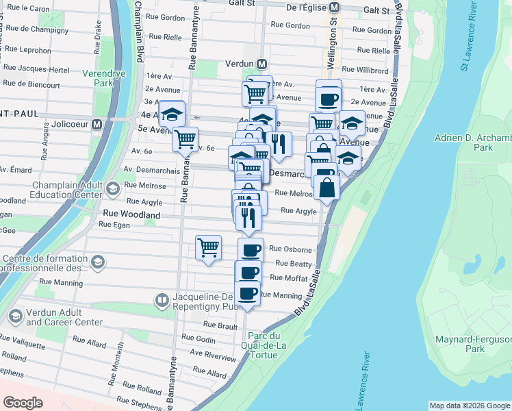map of restaurants, bars, coffee shops, grocery stores, and more near 5356 Rue de Verdun in Montréal