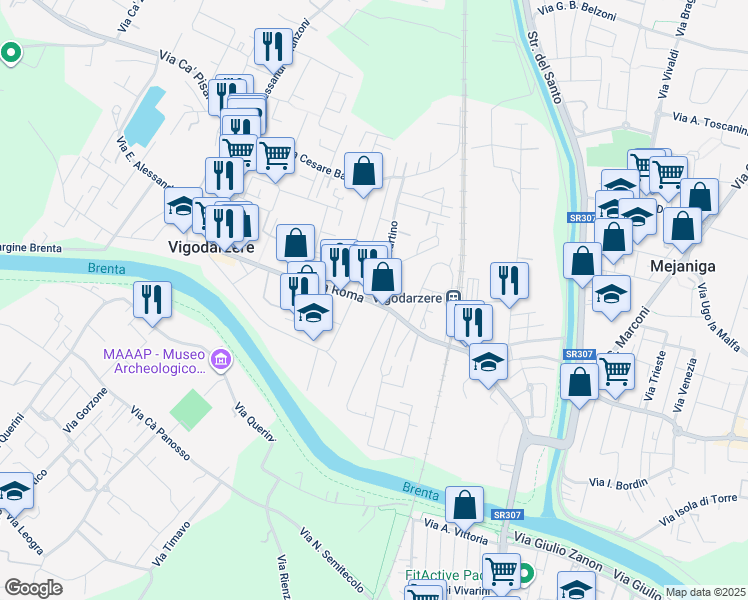 map of restaurants, bars, coffee shops, grocery stores, and more near 57 Via Roma in Vigodarzere