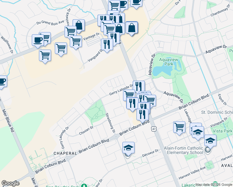map of restaurants, bars, coffee shops, grocery stores, and more near 171 Lerta Way in Ottawa