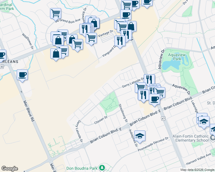 map of restaurants, bars, coffee shops, grocery stores, and more near 653 Petrichor Crescent in Ottawa