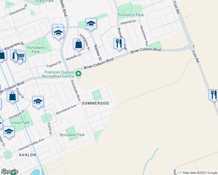 map of restaurants, bars, coffee shops, grocery stores, and more near 166 Soleil Avenue in Ottawa