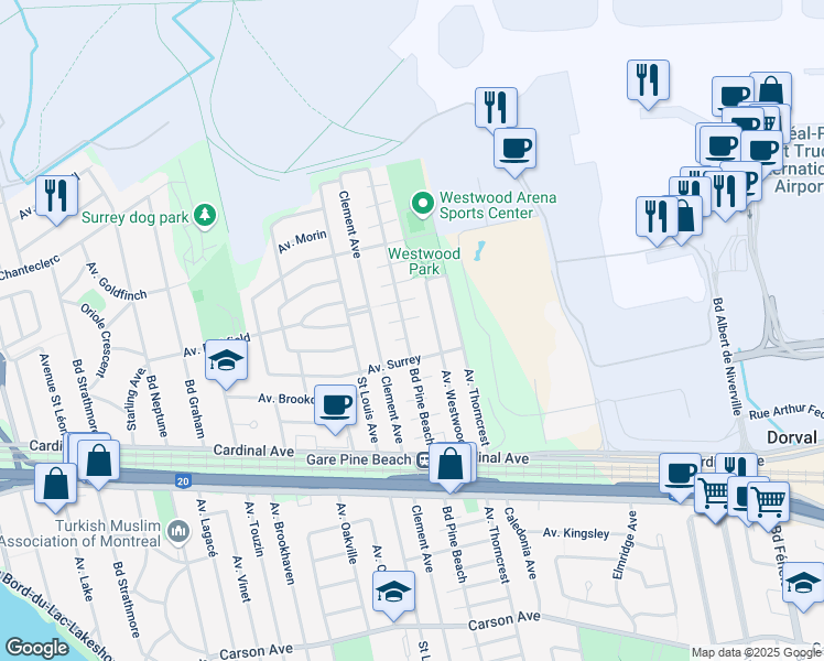 map of restaurants, bars, coffee shops, grocery stores, and more near 625 Boulevard Pine Beach in Dorval