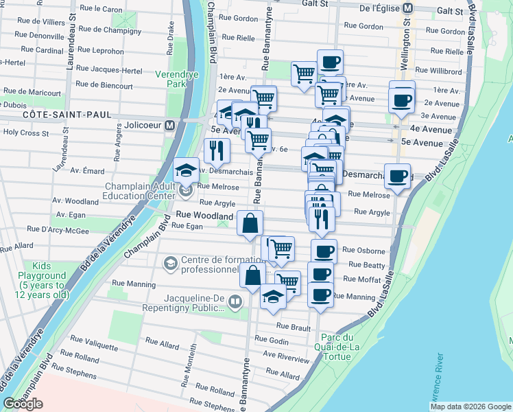 map of restaurants, bars, coffee shops, grocery stores, and more near Argyle Street in Montreal