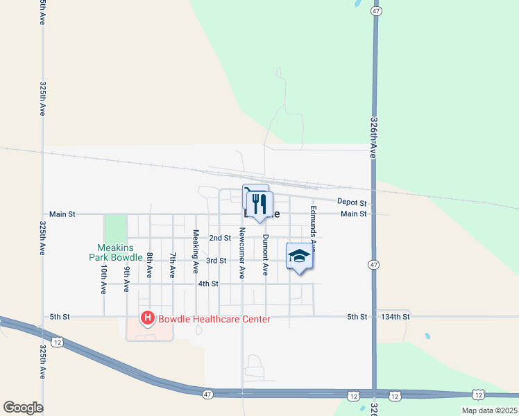 map of restaurants, bars, coffee shops, grocery stores, and more near 3026 Main Street in Bowdle