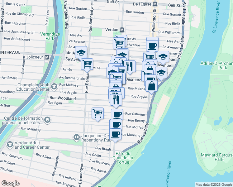 map of restaurants, bars, coffee shops, grocery stores, and more near 5361 Rue de Verdun in Montréal