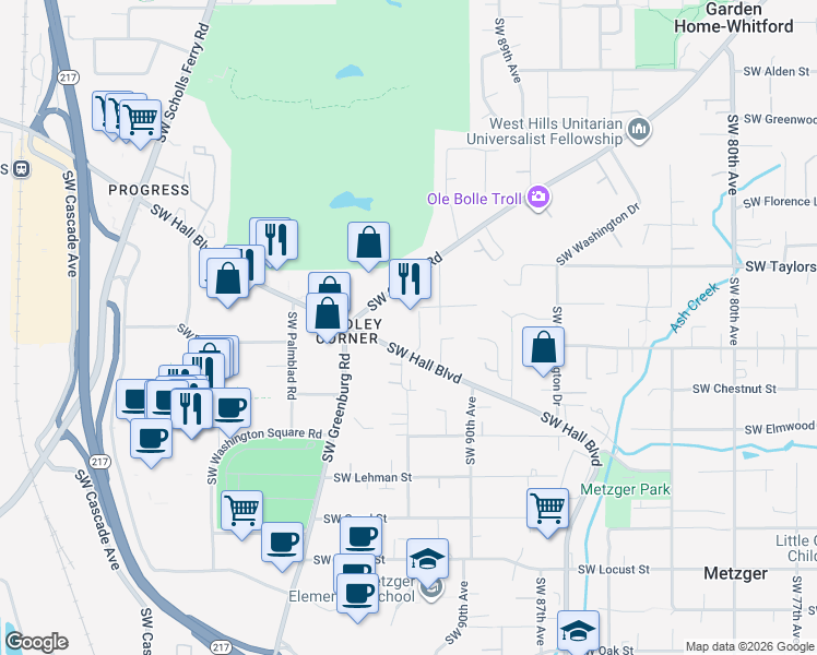 map of restaurants, bars, coffee shops, grocery stores, and more near 9360 Southwest Hall Boulevard in Portland