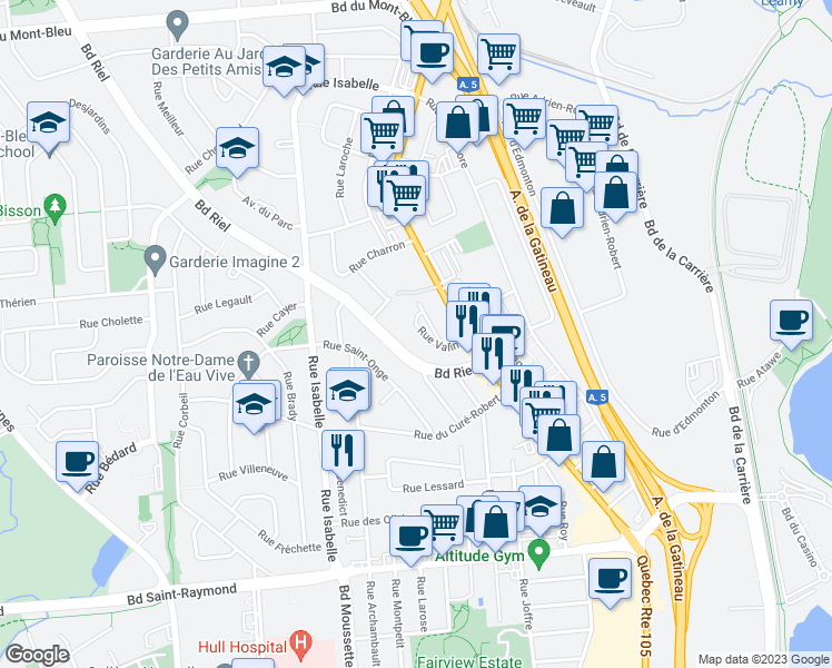 map of restaurants, bars, coffee shops, grocery stores, and more near 119 Rue Valin in Gatineau