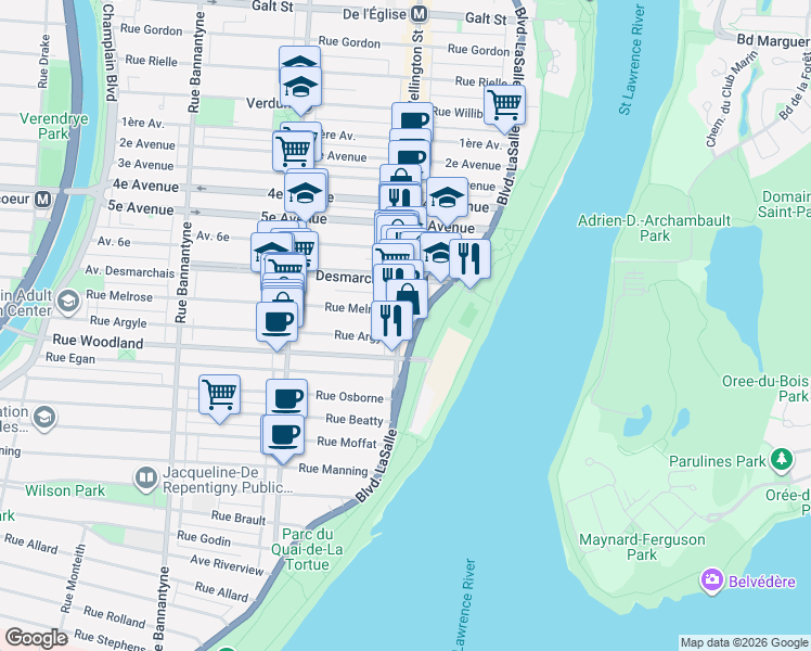 map of restaurants, bars, coffee shops, grocery stores, and more near 5334 Rue Wellington in Montréal