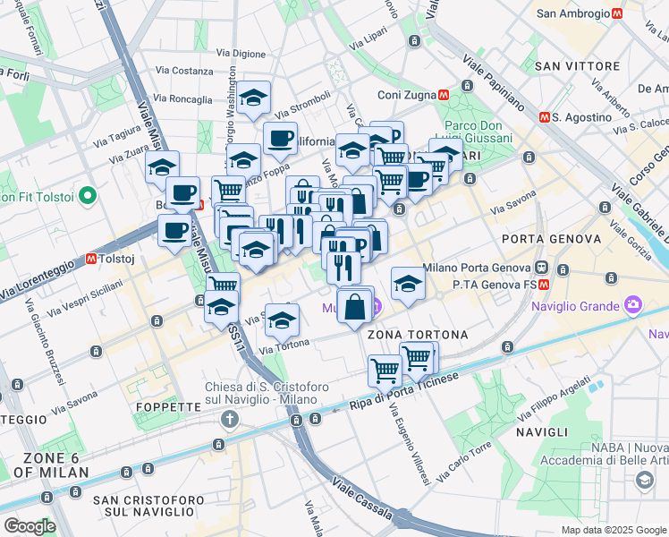 map of restaurants, bars, coffee shops, grocery stores, and more near 34 Via Stendhal in Milano