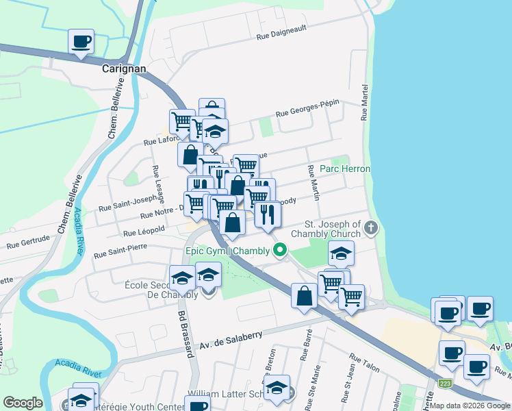 map of restaurants, bars, coffee shops, grocery stores, and more near 1295 Avenue Bourgogne in Chambly
