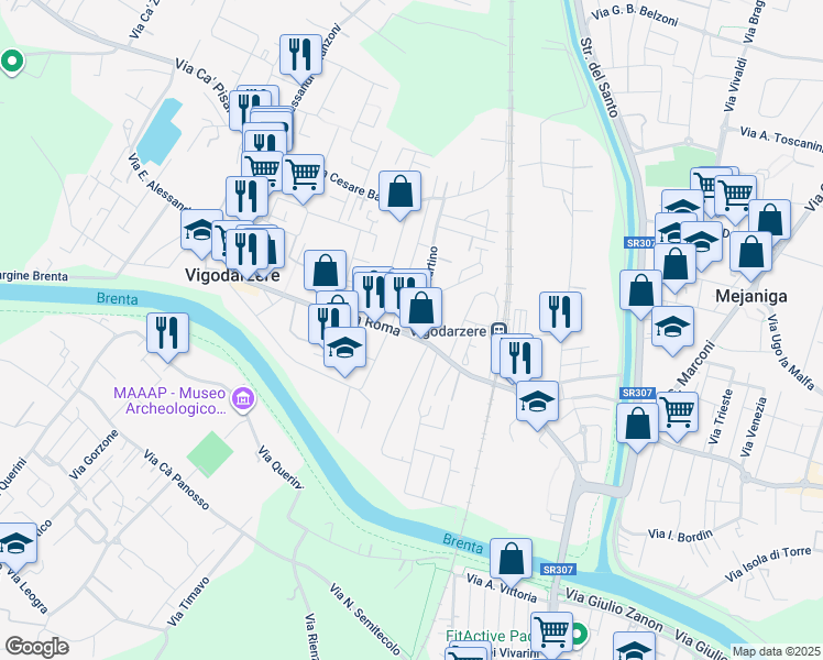 map of restaurants, bars, coffee shops, grocery stores, and more near 57 Via Roma in Vigodarzere