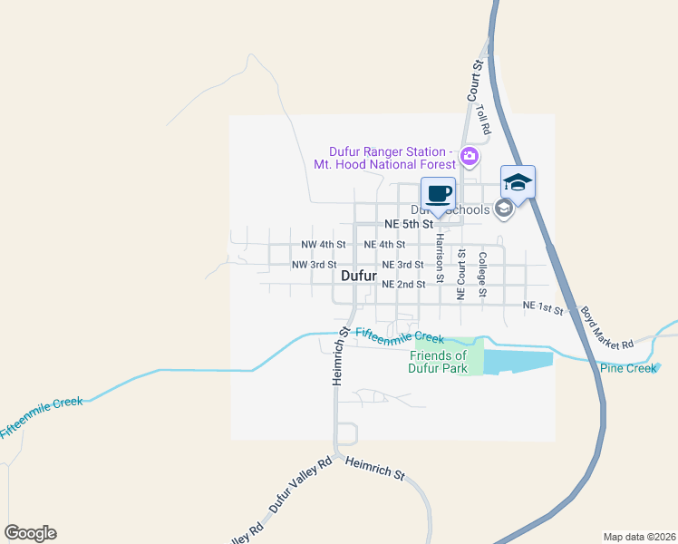 map of restaurants, bars, coffee shops, grocery stores, and more near 260 Heisler Street in Dufur