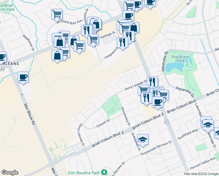 map of restaurants, bars, coffee shops, grocery stores, and more near 649 Petrichor Crescent in Ottawa