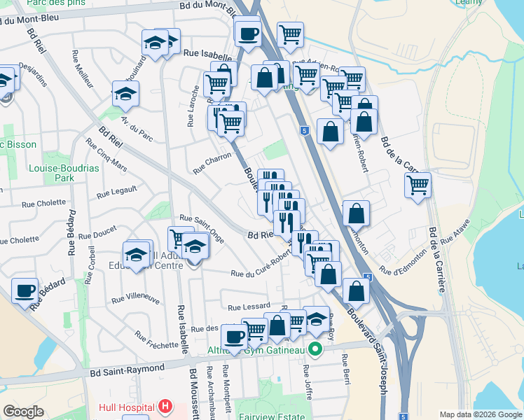 map of restaurants, bars, coffee shops, grocery stores, and more near 673 Boulevard Saint-Joseph in Gatineau