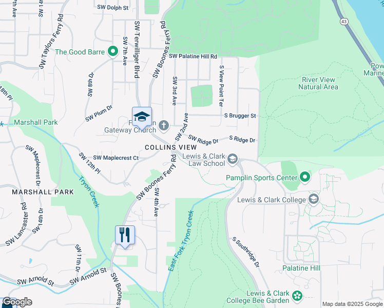 map of restaurants, bars, coffee shops, grocery stores, and more near 9934 Southwest Terwilliger Boulevard in Portland