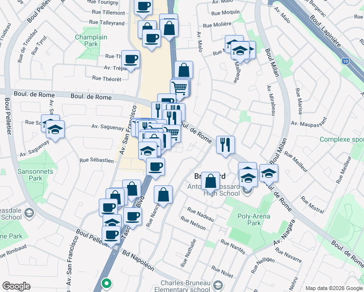 map of restaurants, bars, coffee shops, grocery stores, and more near 2160 Place Nobel in Brossard