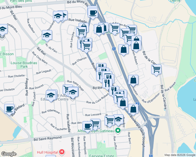 map of restaurants, bars, coffee shops, grocery stores, and more near 673 Boulevard Saint-Joseph in Gatineau