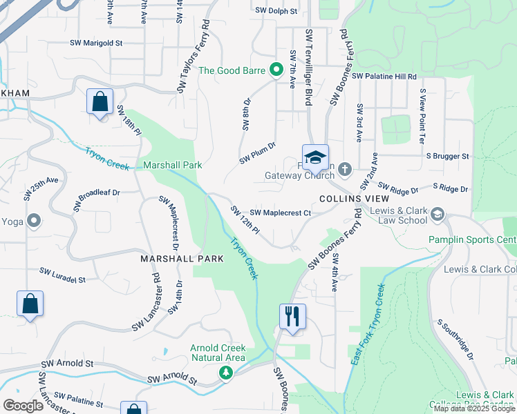 map of restaurants, bars, coffee shops, grocery stores, and more near 927 Southwest Maplecrest Court in Portland