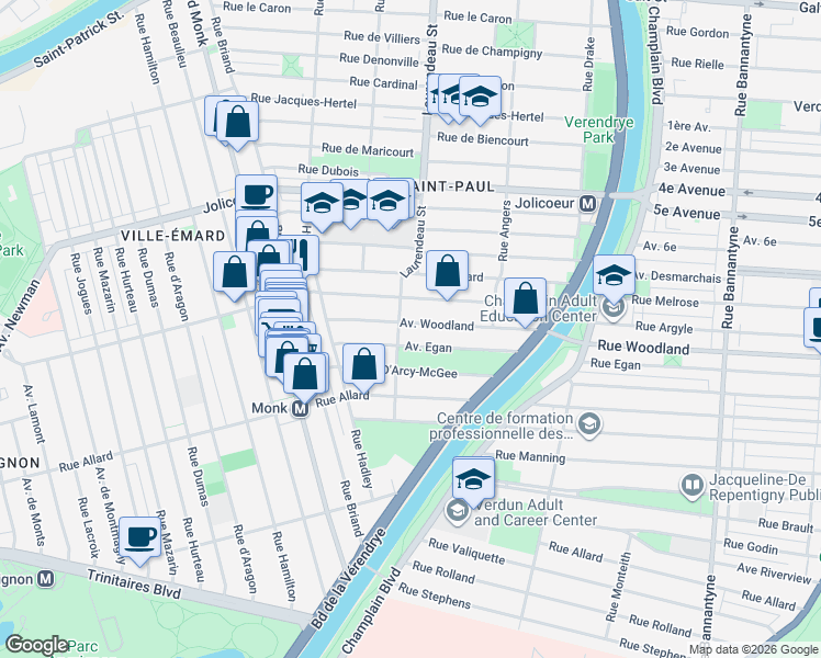 map of restaurants, bars, coffee shops, grocery stores, and more near 1782 Avenue Woodland in Montréal