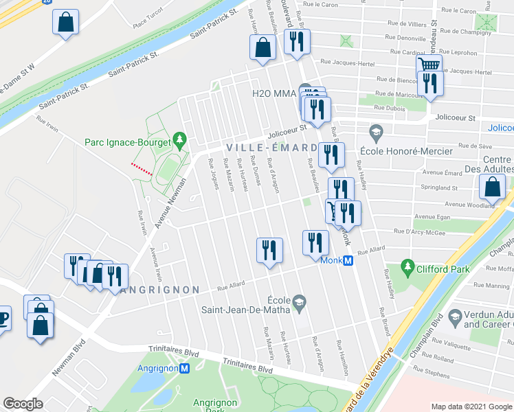 map of restaurants, bars, coffee shops, grocery stores, and more near 2823 Rue Springland in Montréal