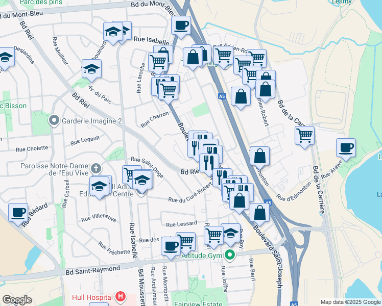 map of restaurants, bars, coffee shops, grocery stores, and more near in Gatineau