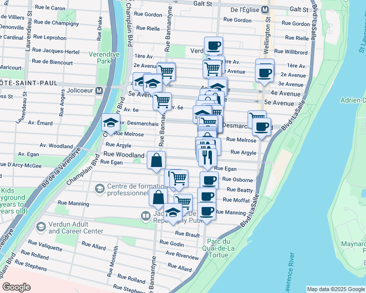 map of restaurants, bars, coffee shops, grocery stores, and more near 729 Rue Argyle in Montréal