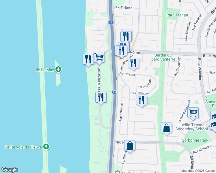 map of restaurants, bars, coffee shops, grocery stores, and more near 500 Rue Saint François in Brossard