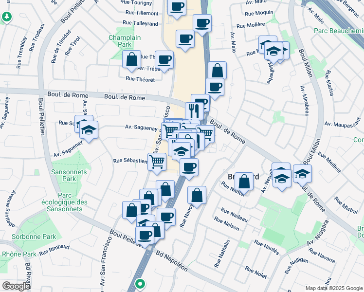 map of restaurants, bars, coffee shops, grocery stores, and more near 7800 Boulevard Taschereau in Brossard