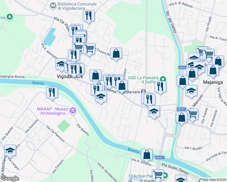 map of restaurants, bars, coffee shops, grocery stores, and more near 57 Via Roma in Vigodarzere
