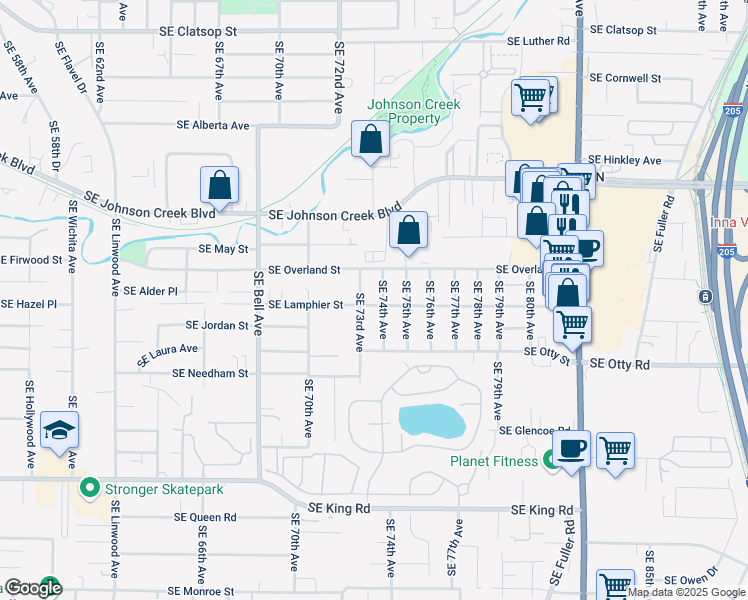 map of restaurants, bars, coffee shops, grocery stores, and more near 7351 Southeast Lamphier Street in Milwaukie