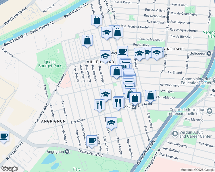 map of restaurants, bars, coffee shops, grocery stores, and more near 2638 Rue Springland in Montréal