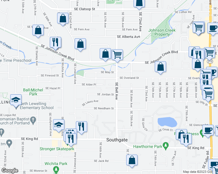 map of restaurants, bars, coffee shops, grocery stores, and more near 6737 Southeast Hale Street in Milwaukie