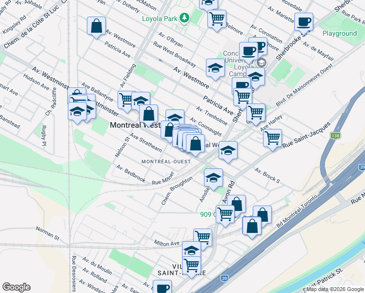 map of restaurants, bars, coffee shops, grocery stores, and more near 63 Westminster North in Montréal-Ouest