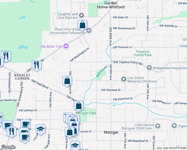 map of restaurants, bars, coffee shops, grocery stores, and more near 9244 Southwest 83rd Place in Portland