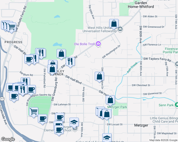 map of restaurants, bars, coffee shops, grocery stores, and more near 8890 Southwest Birch Street in Portland