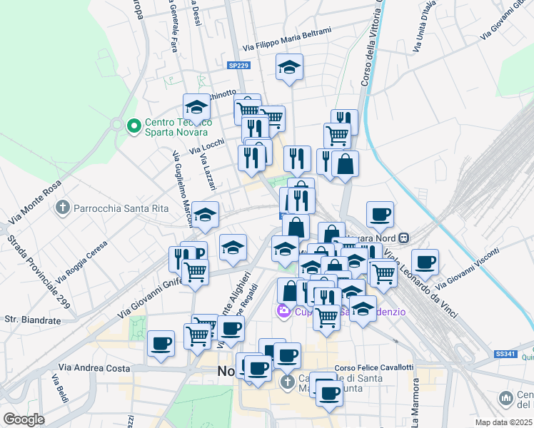 map of restaurants, bars, coffee shops, grocery stores, and more near 4 Strada Privata Ferrario in Novara