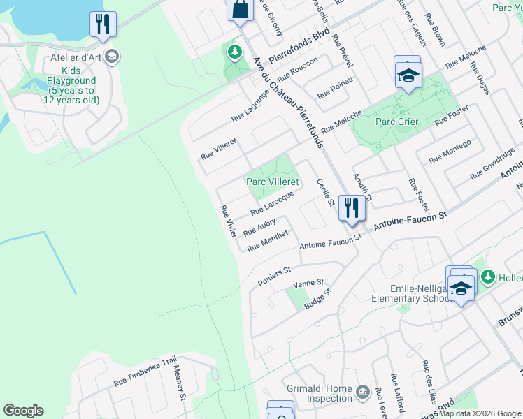 map of restaurants, bars, coffee shops, grocery stores, and more near Rue Larocque in Montréal