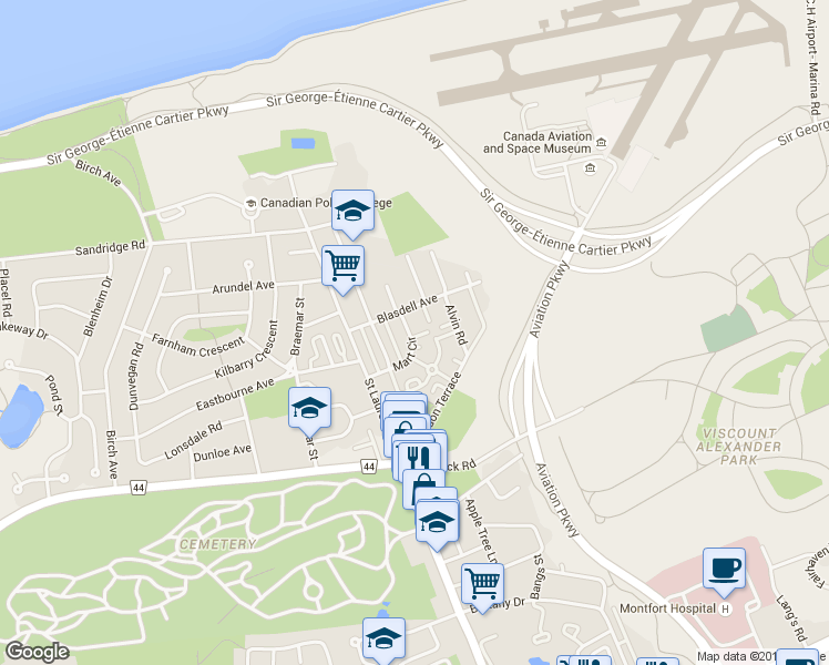 map of restaurants, bars, coffee shops, grocery stores, and more near in Ottawa
