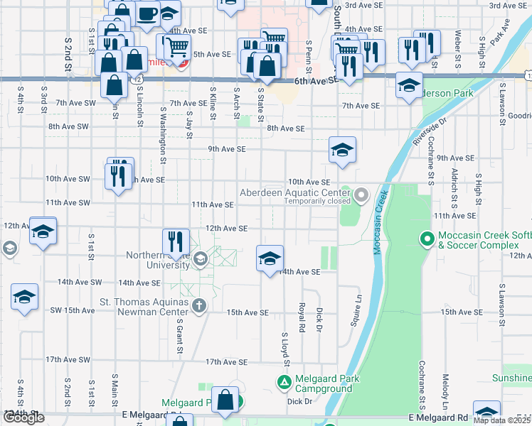 map of restaurants, bars, coffee shops, grocery stores, and more near 1116 South State Street in Aberdeen